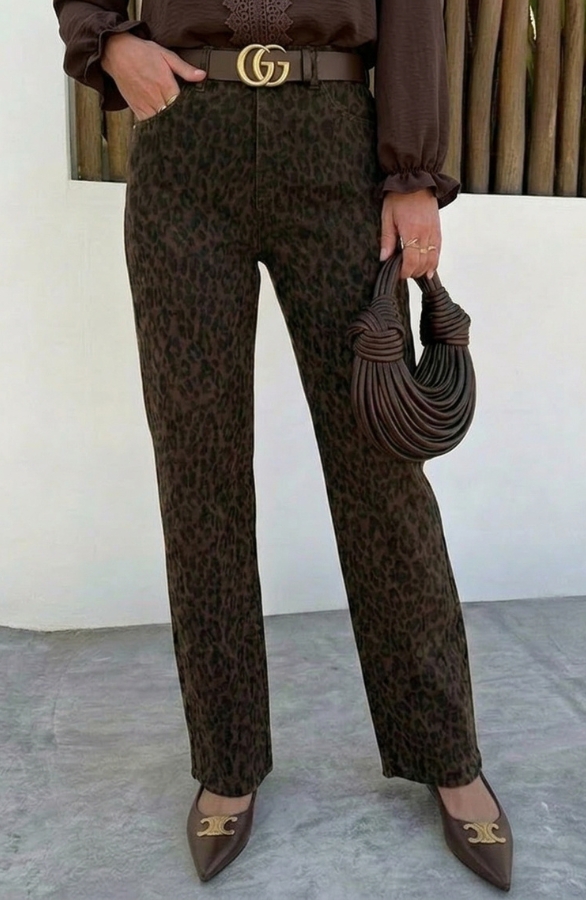 Wide Leg Jeans Leopard Brown Stretch 