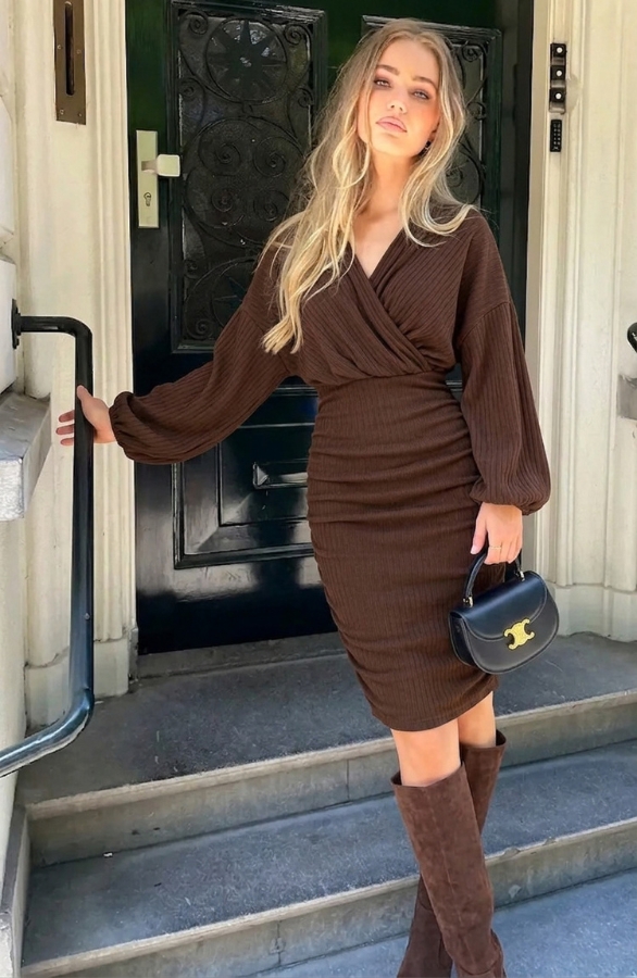 Knitted Ribbed V-Neck Dress Choco